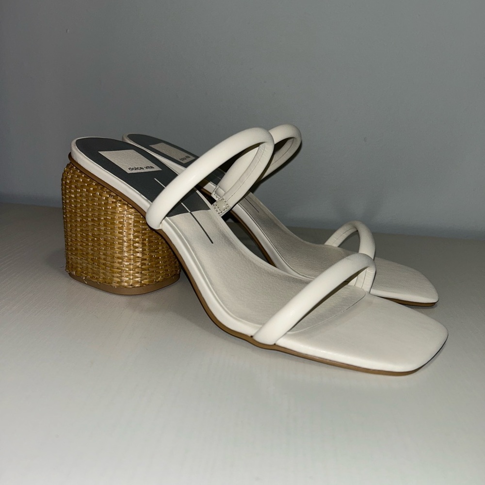 Dolce Vita Stella White Ivory Strappy Sandals with Woven Block Heel